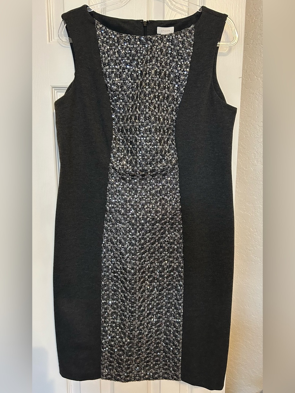 Chico's Talia Heather Grey Sleeveless Dress with Sequins Panel Center